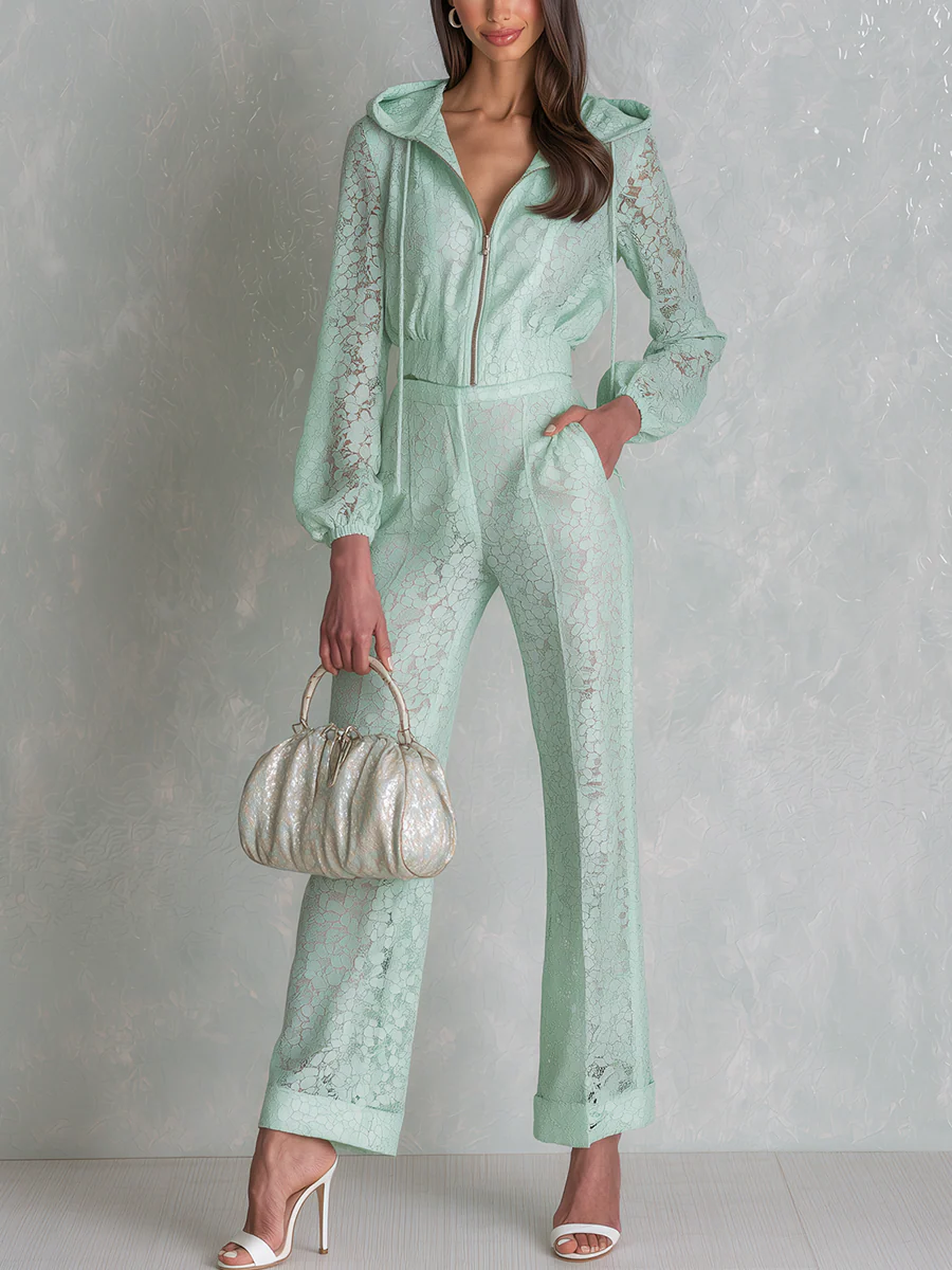 Romantic Mint Green Lace Hooded Wide Leg Set