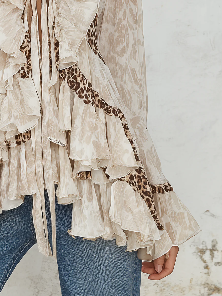 Romantic Ruffled Leopard Print Tie Front Blouse - Image 3