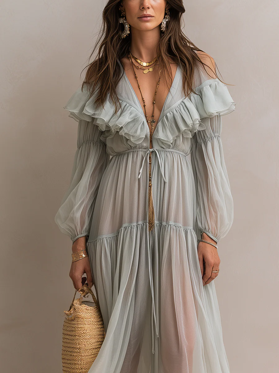 Romantic Sage Green Off-Shoulder Chiffon Maxi Dress - Image 2