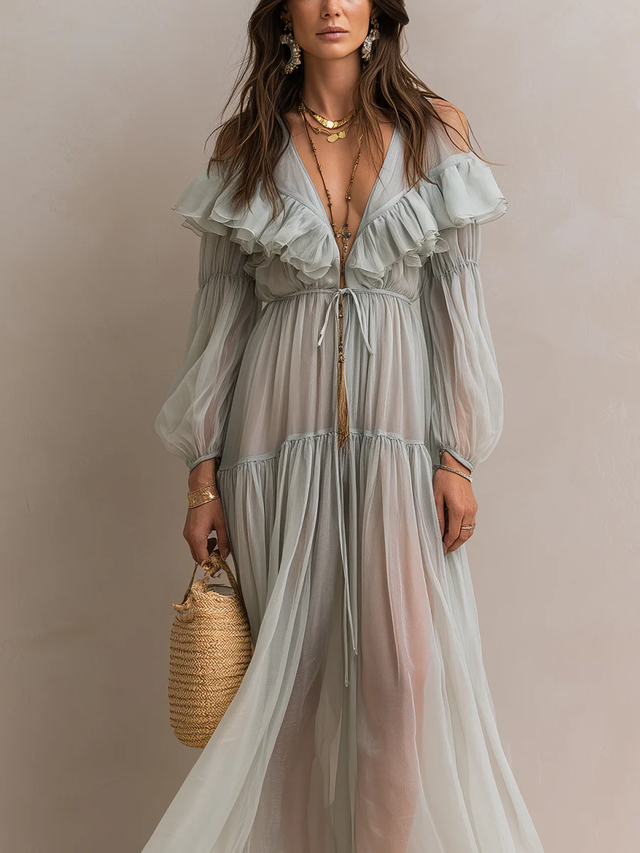 Romantic Sage Green Off-Shoulder Chiffon Maxi Dress - Image 3