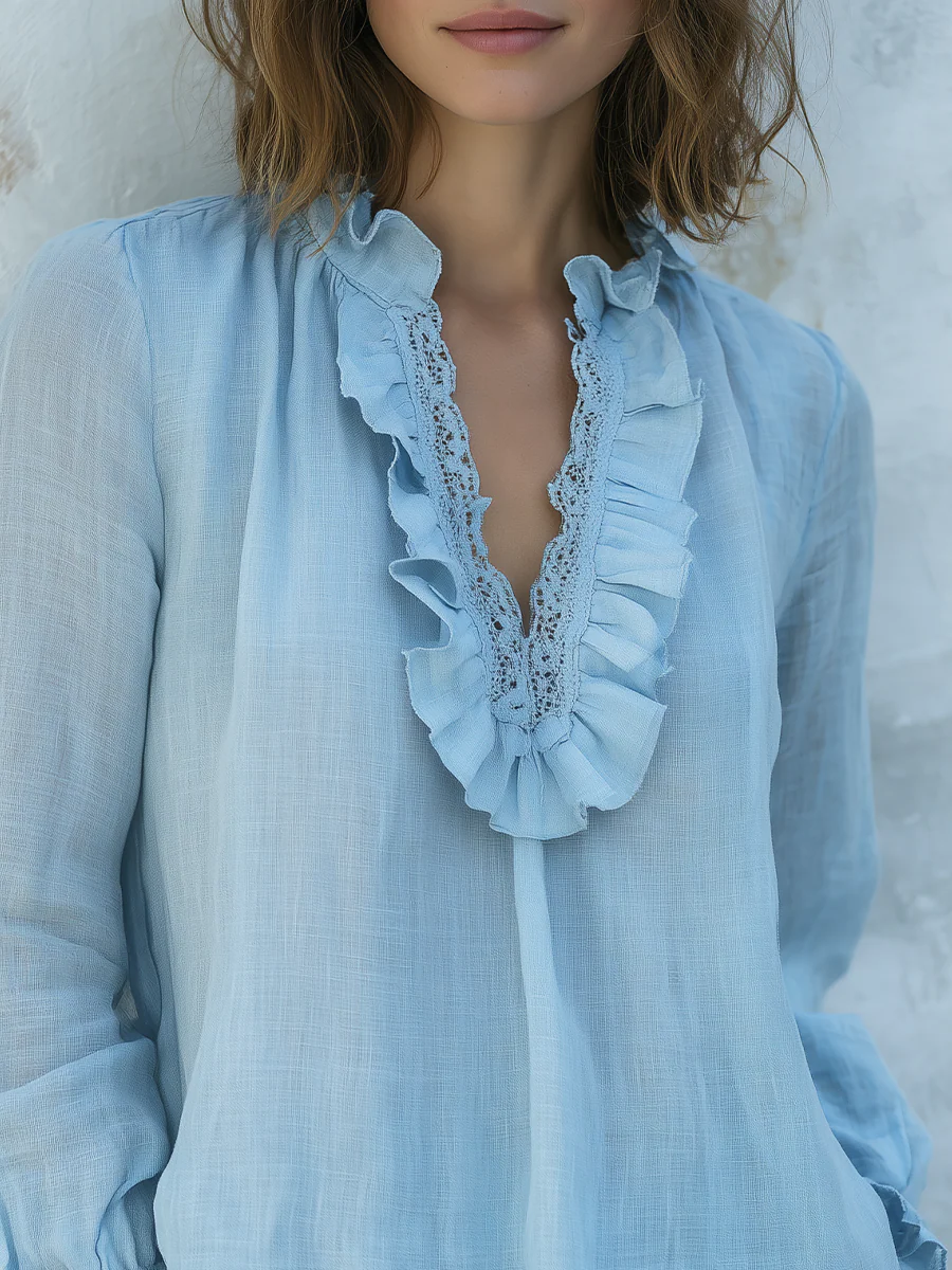 Romantic Sky Blue Ruffle Lace Blouse - Image 2