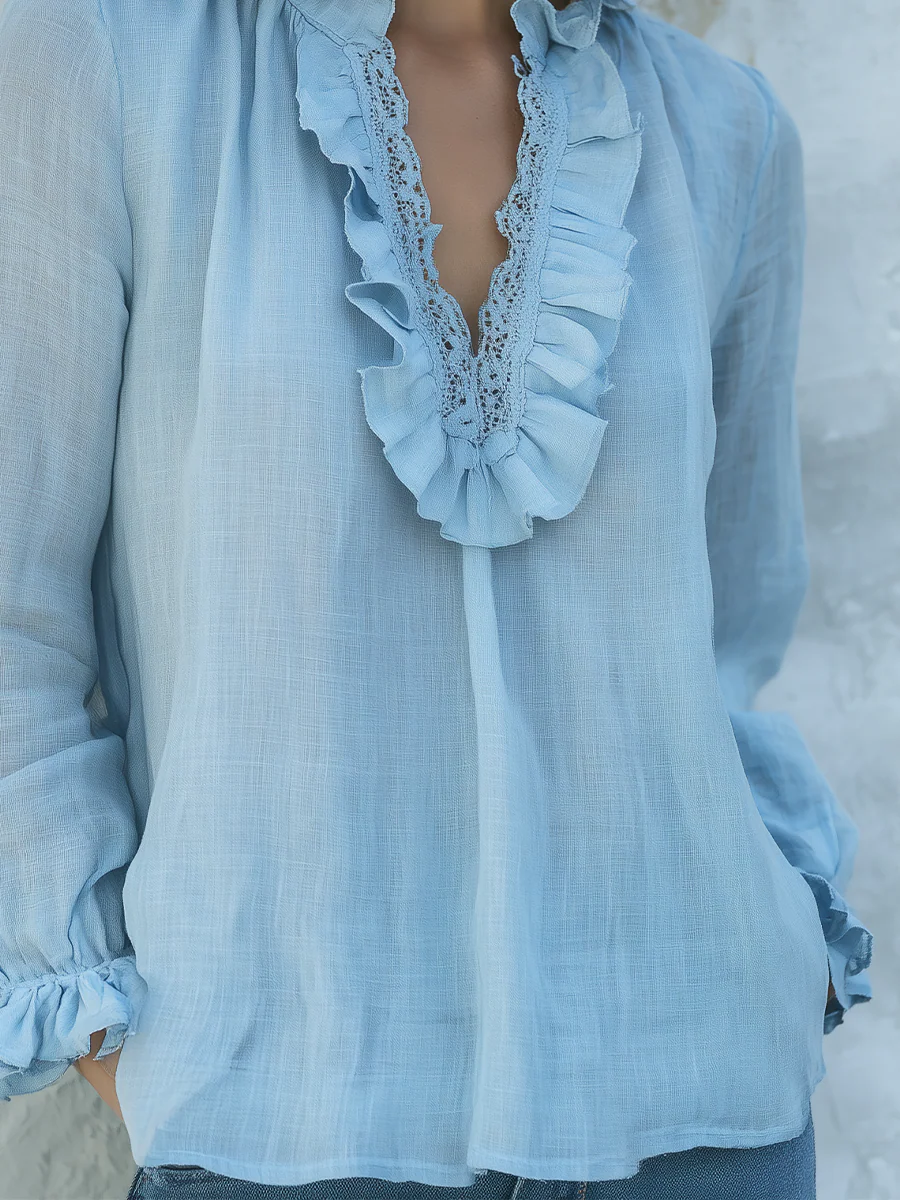 Romantic Sky Blue Ruffle Lace Blouse - Image 3