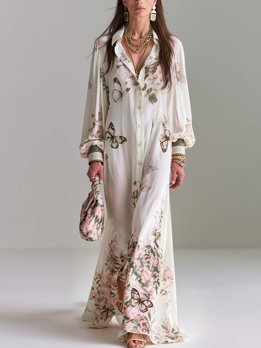 Romantic White Butterfly Floral Print Maxi Shirt Dress