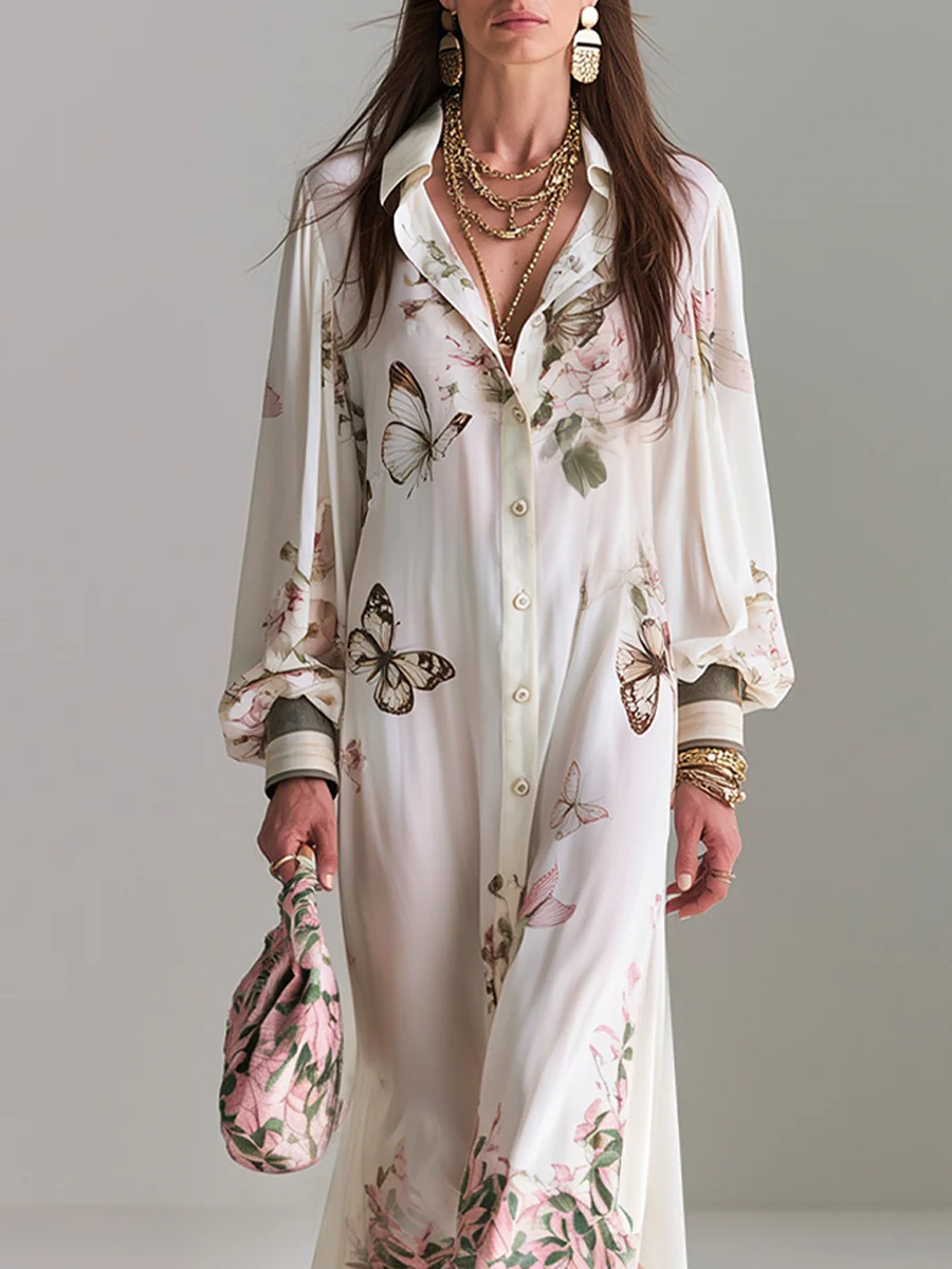 Romantic White Butterfly Floral Print Maxi Shirt Dress - Image 2