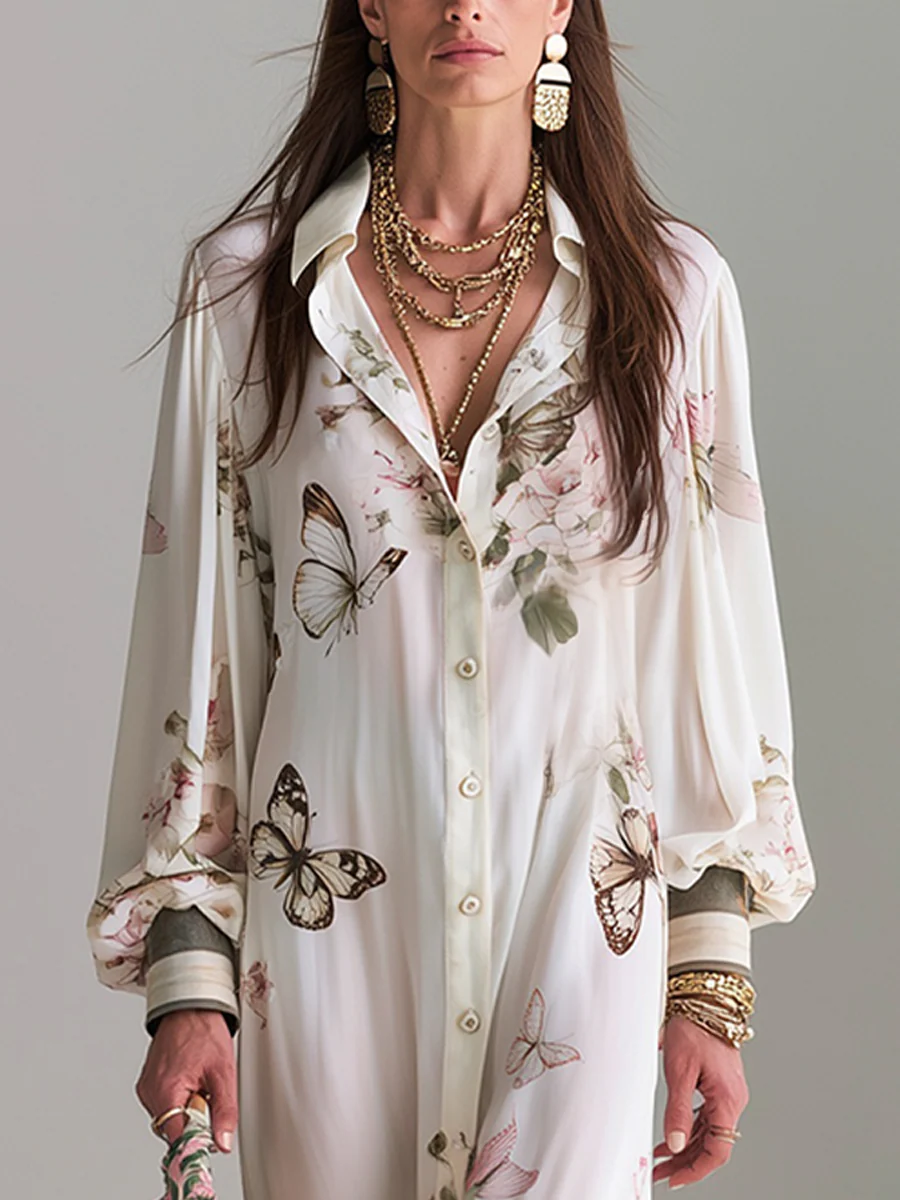 Romantic White Butterfly Floral Print Maxi Shirt Dress - Image 3
