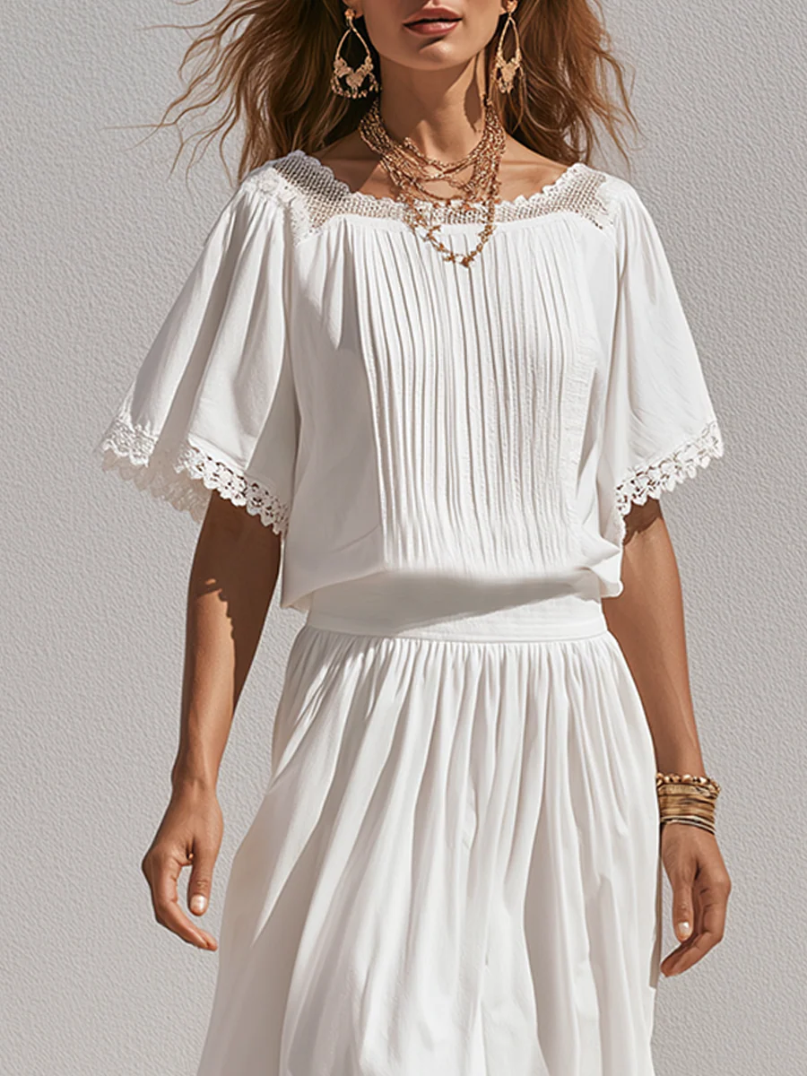 Romantic White Lace Trim Blouse Midi Skirt Set - Image 3