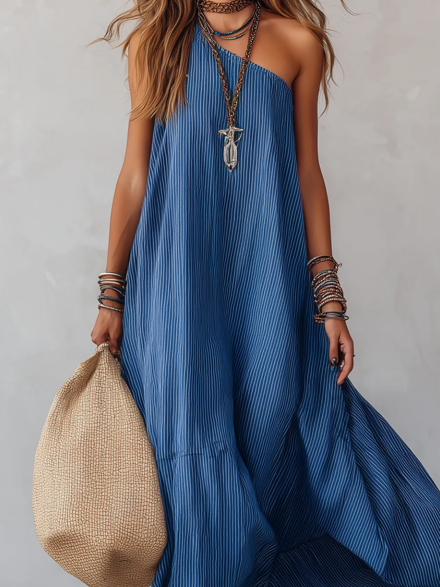 Royal Blue Striped Off-the-shoulder Flowing Long Dress - Image 2