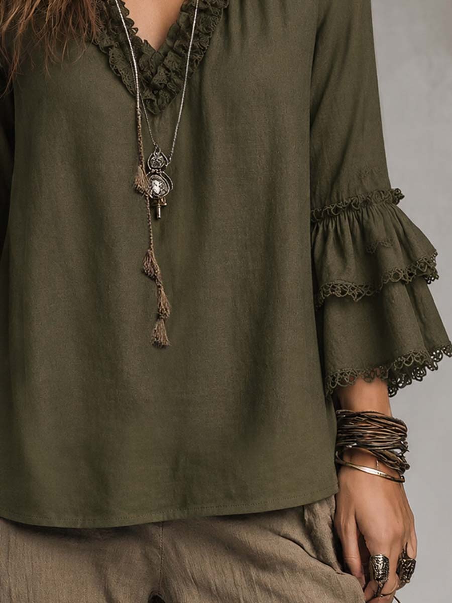 Ruffled Lace Cotton Linen Long-sleeved Blouse - Image 3
