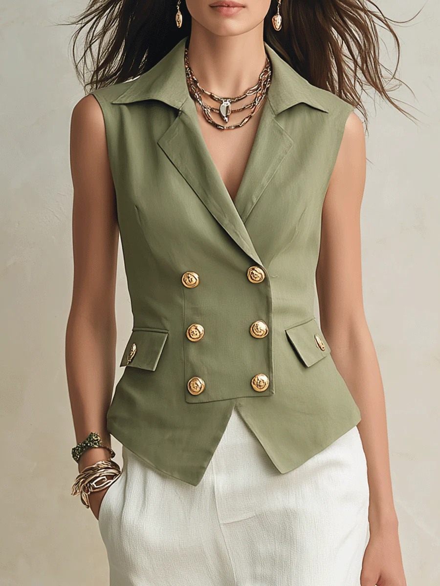 Safari Chic Olive Linen Vest & White Slit Maxi Skirt Set - Image 2