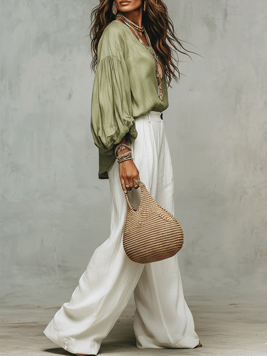 Sage Linen Blouse & Relaxed White Trousers Everyday Escape Set - Image 3
