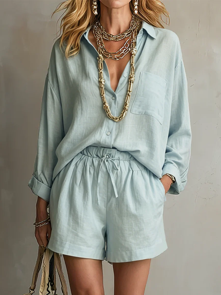 Sage Linen Relaxed Shirt Drawstring Shorts Set - Image 3