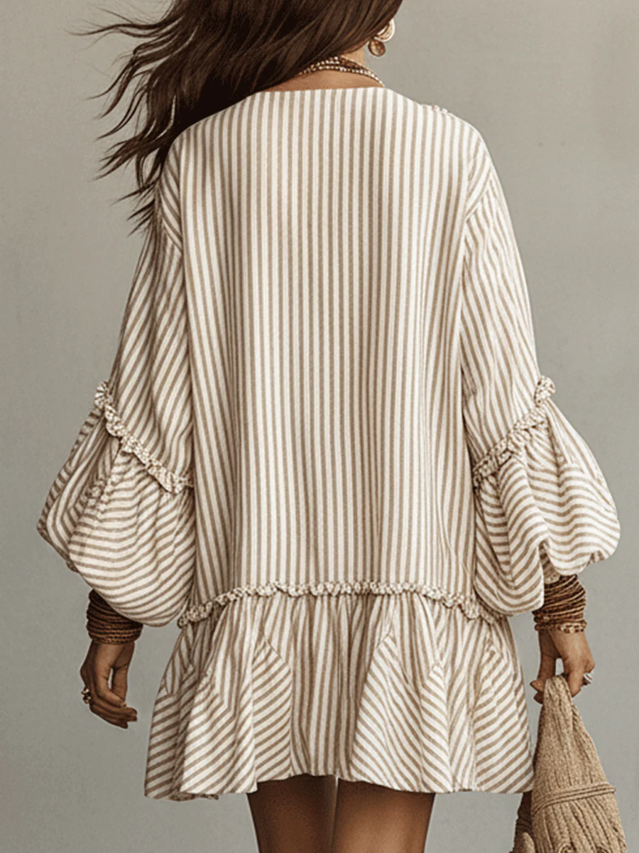 Sand Stripe Ruffled Boho Mini Dress - Image 2