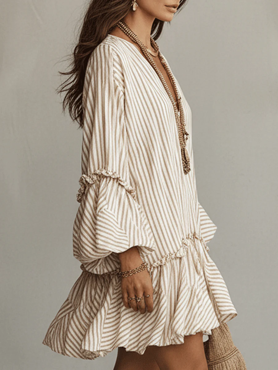Sand Stripe Ruffled Boho Mini Dress - Image 3