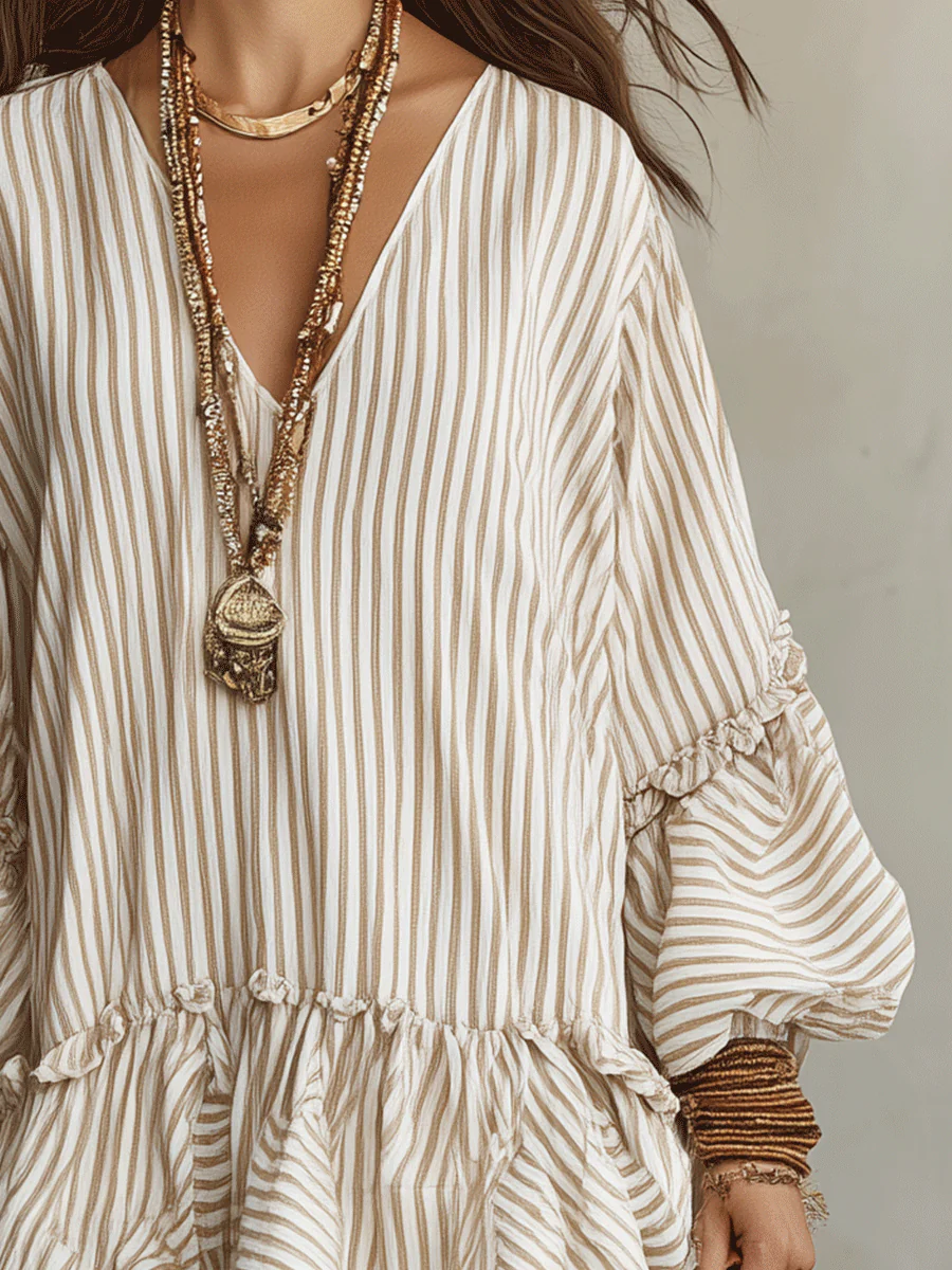 Sand Stripe Ruffled Boho Mini Dress - Image 4