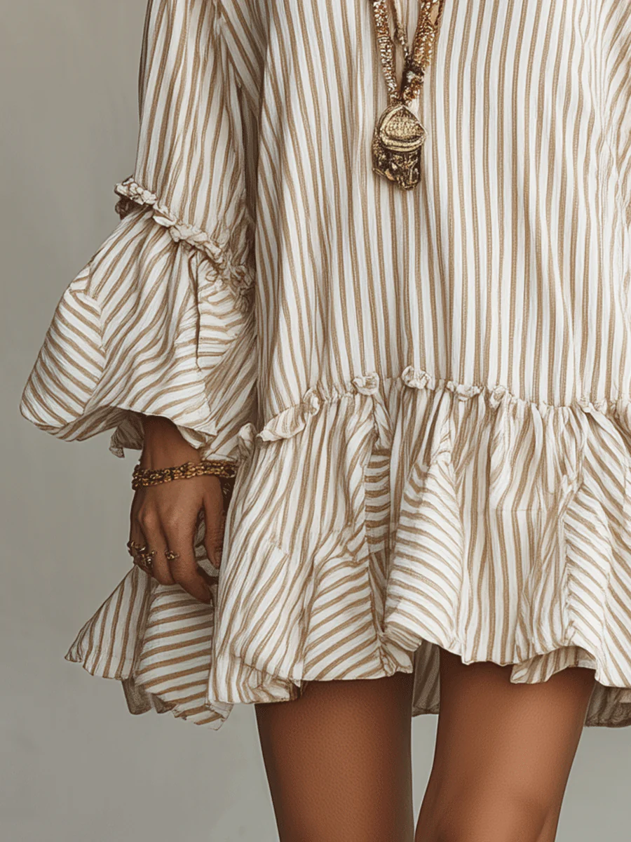 Sand Stripe Ruffled Boho Mini Dress - Image 5