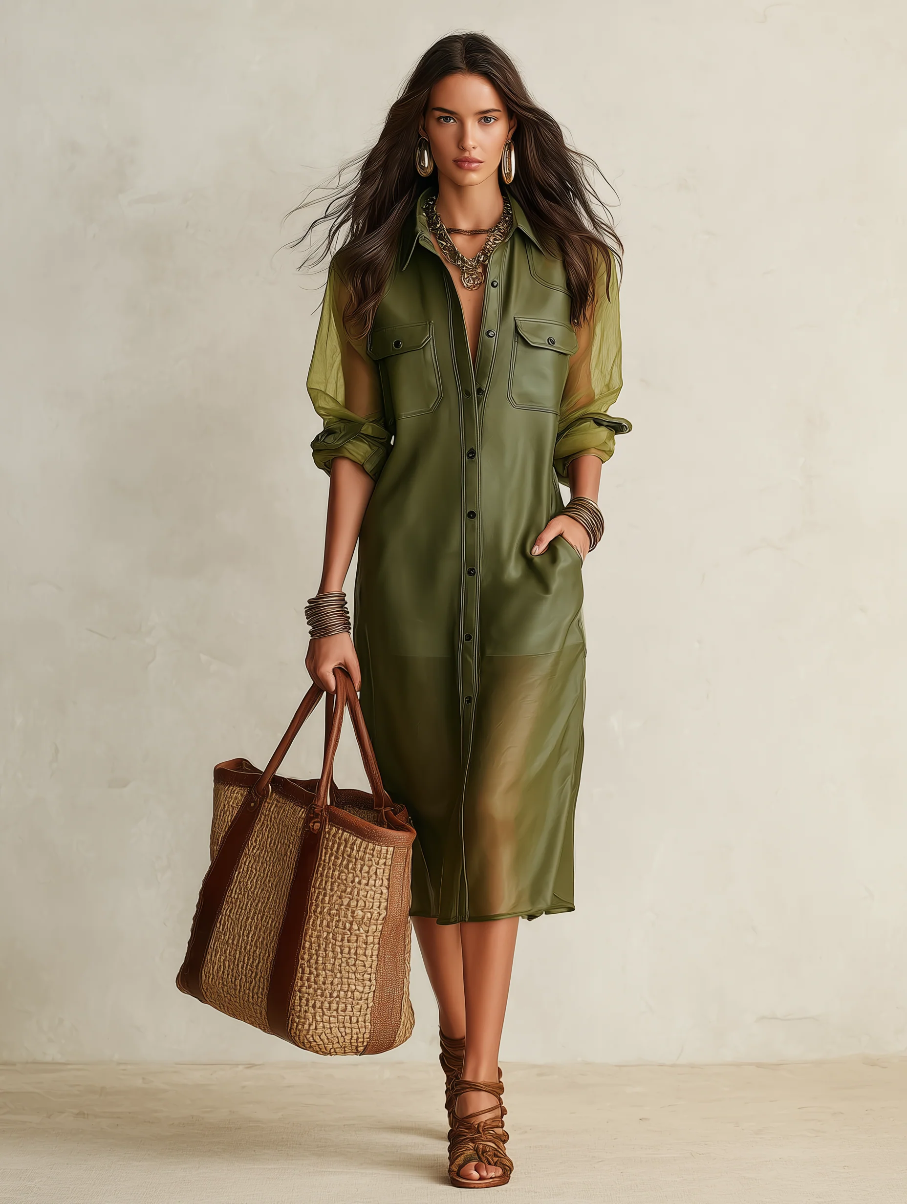 Sheer Olive Long-Sleeve Button-Front Shirt Midi Dress - Image 2