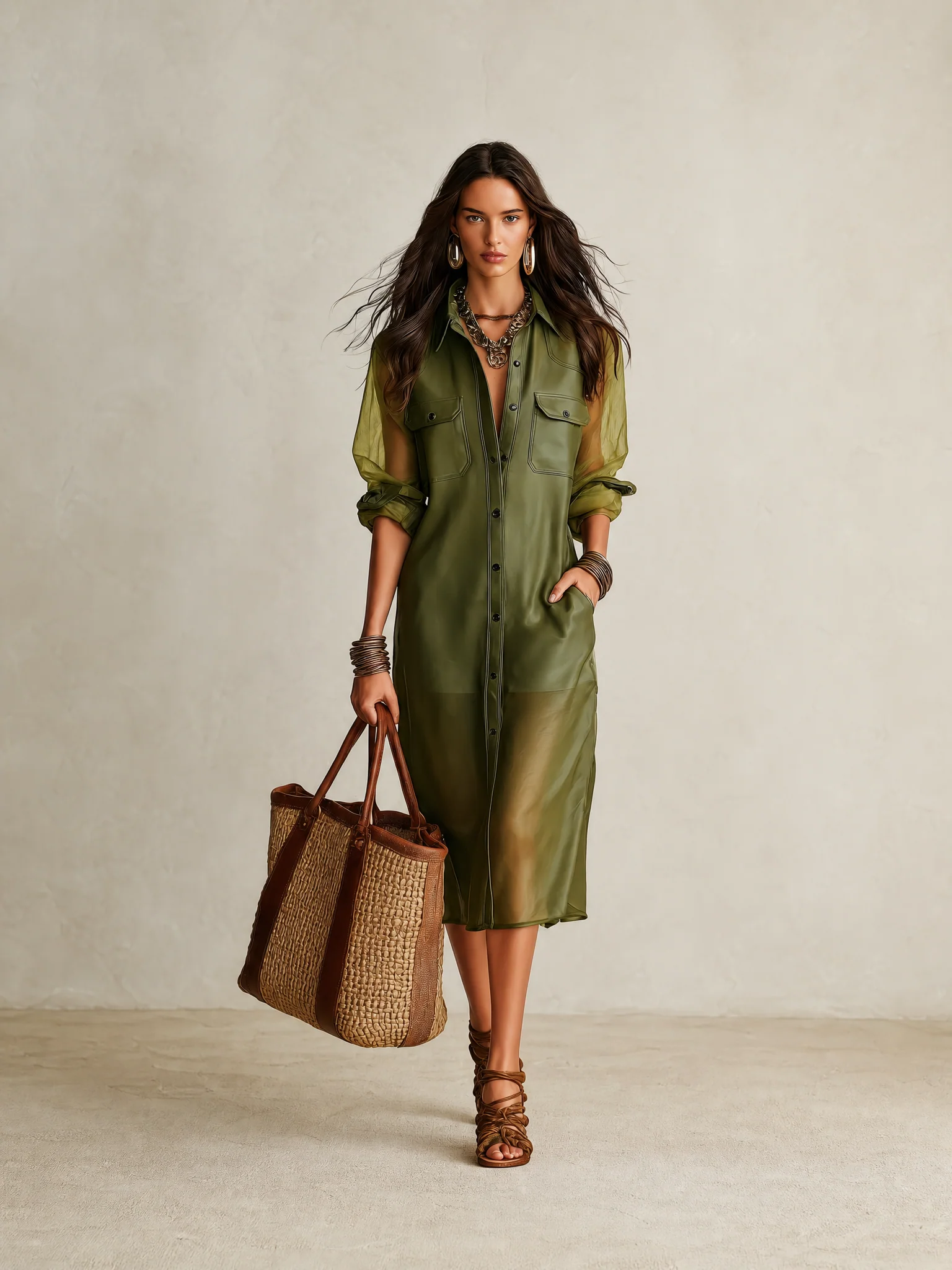 Sheer Olive Long-Sleeve Button-Front Shirt Midi Dress - Image 3