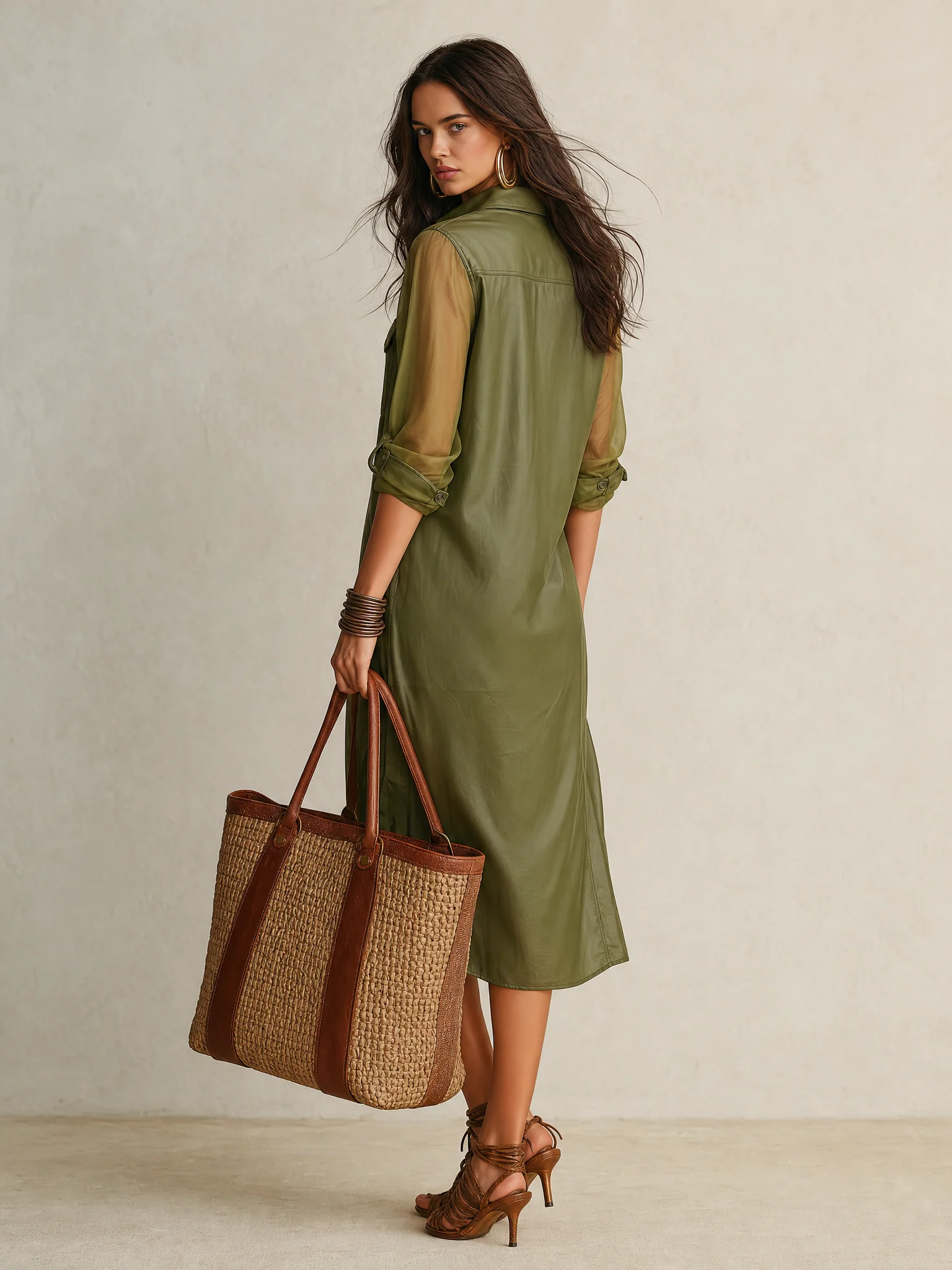 Sheer Olive Long-Sleeve Button-Front Shirt Midi Dress - Image 4