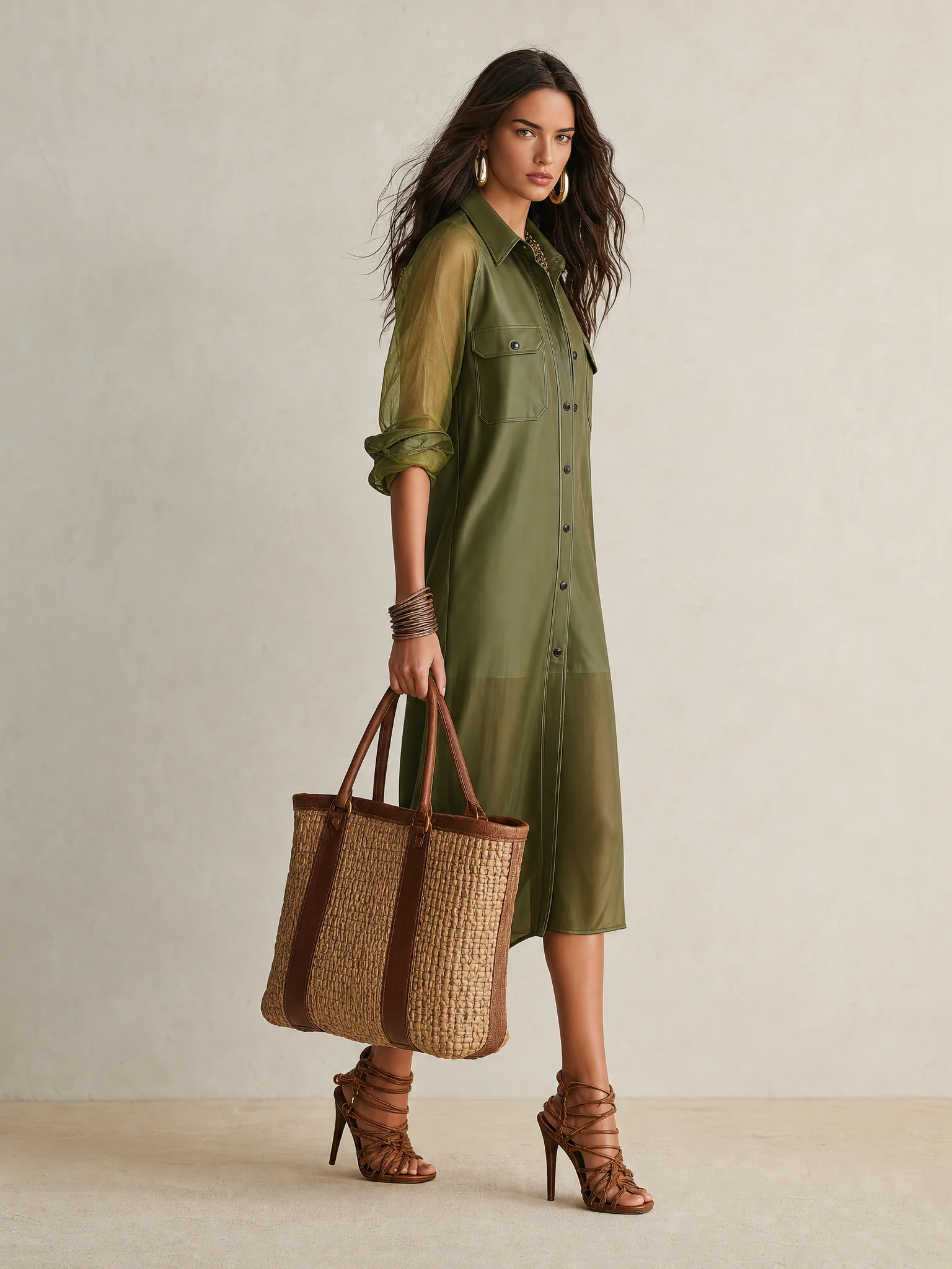 Sheer Olive Long-Sleeve Button-Front Shirt Midi Dress - Image 5