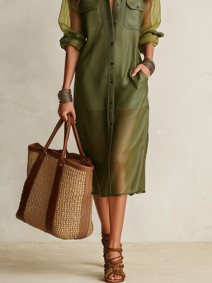 Sheer Olive Long-Sleeve Button-Front Shirt Midi Dress - Image 6