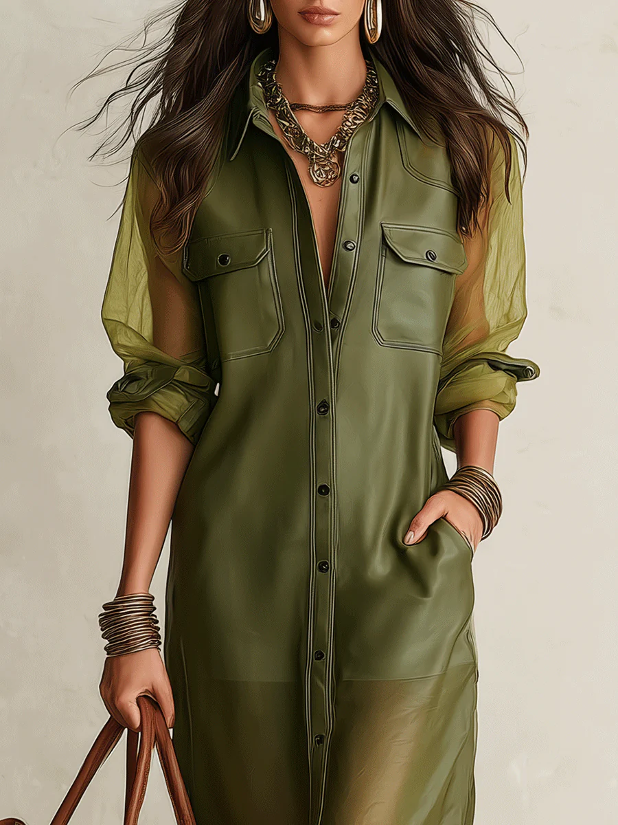 Sheer Olive Long-Sleeve Button-Front Shirt Midi Dress - Image 7