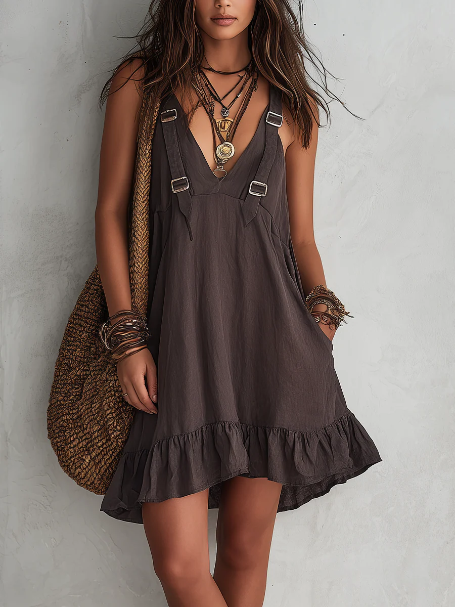 Slimming Adjustable Strap Ruffle Hem A-Line Mini Dress - Image 3