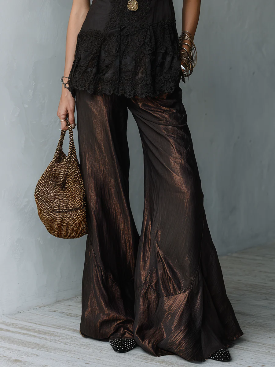 Slimming Deep V Lace Top & Metallic Wide Leg Pants Two-Piece Set - Image 3