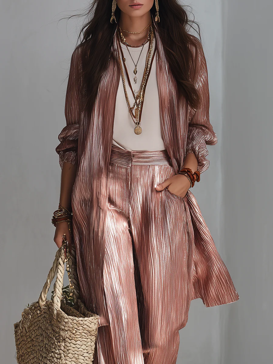 Slimming Metallic Pleated Long Cardigan Palazzo Pants Outfit Set - Image 2