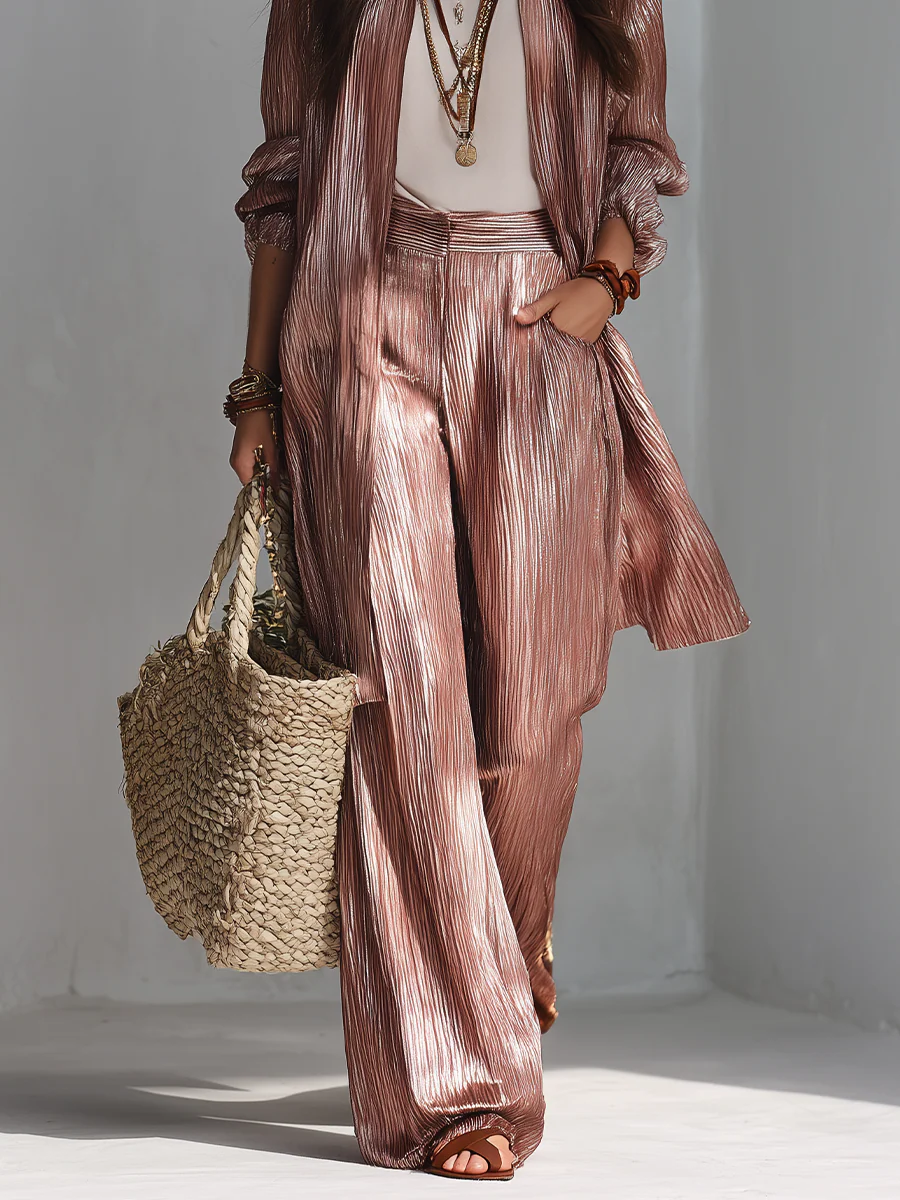 Slimming Metallic Pleated Long Cardigan Palazzo Pants Outfit Set - Image 3