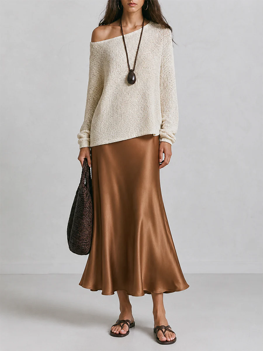 Slouchy One-Shoulder Long Sleeve Knit Pullover
