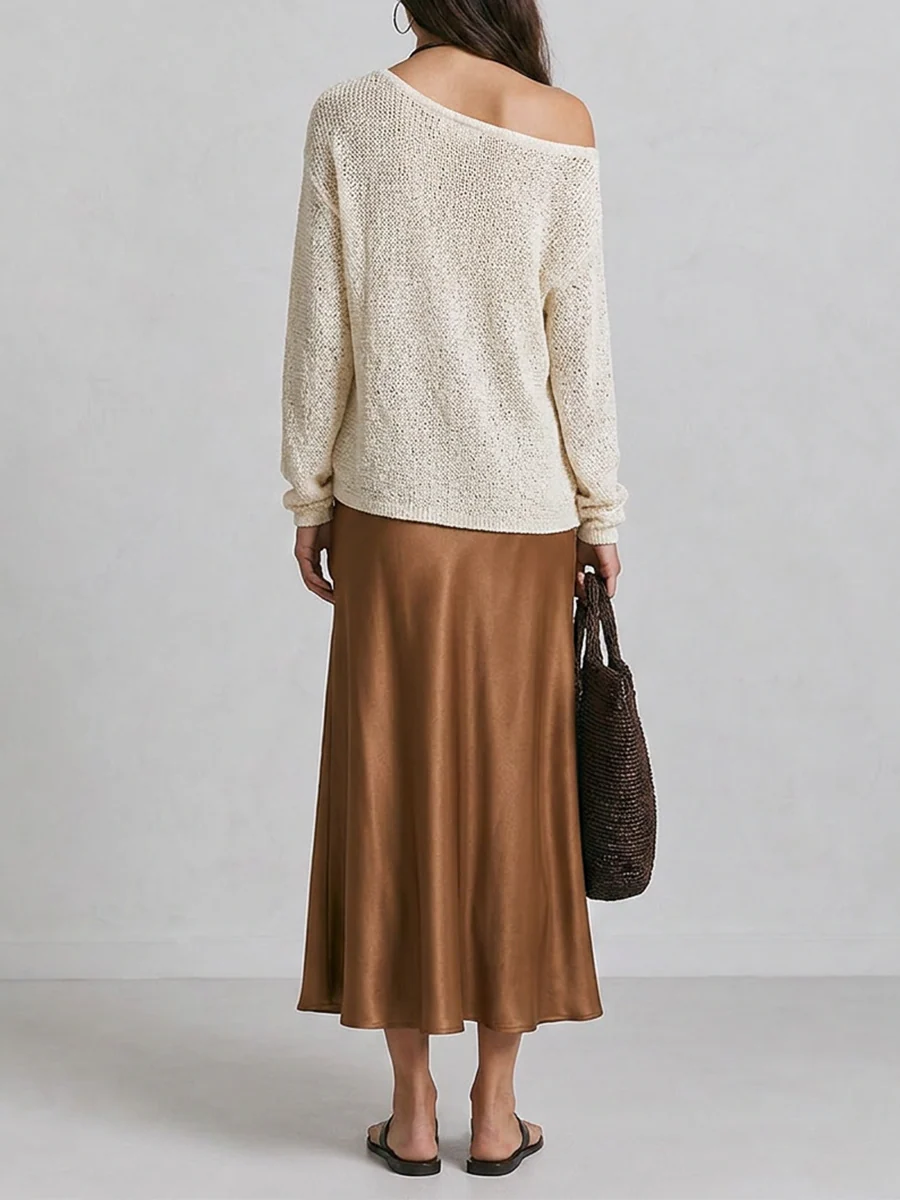 Slouchy One-Shoulder Long Sleeve Knit Pullover - Image 2