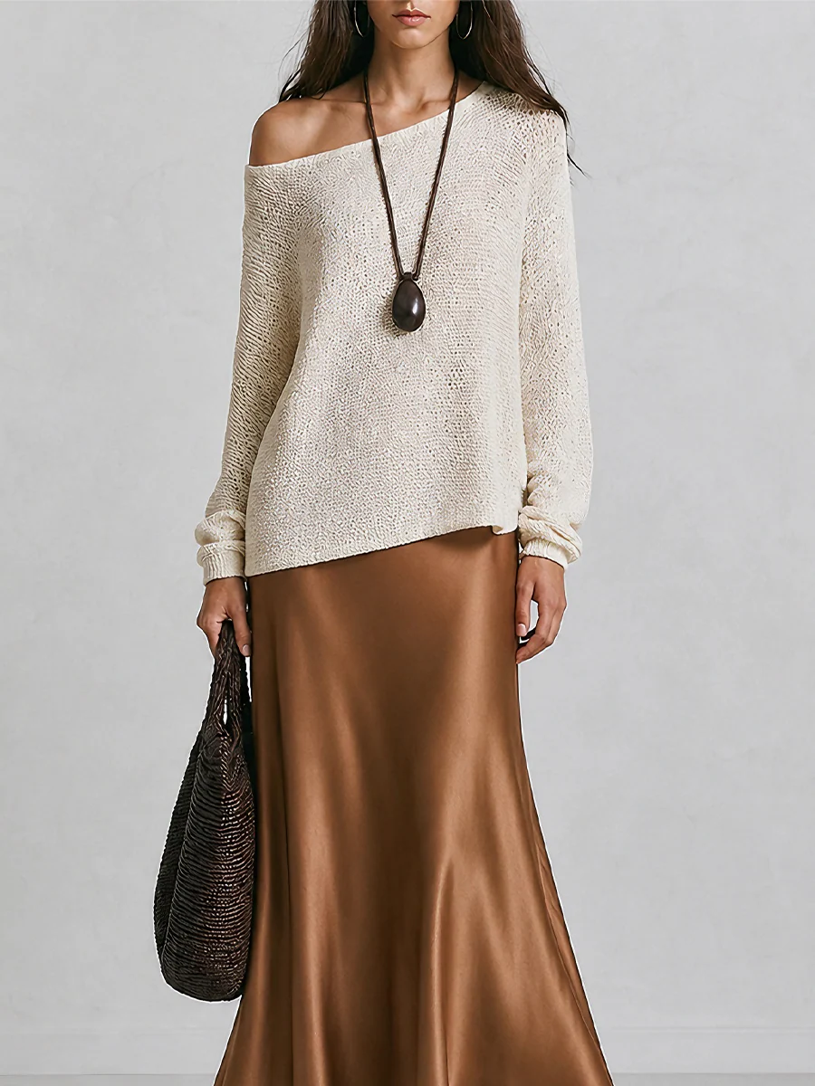 Slouchy One-Shoulder Long Sleeve Knit Pullover - Image 3