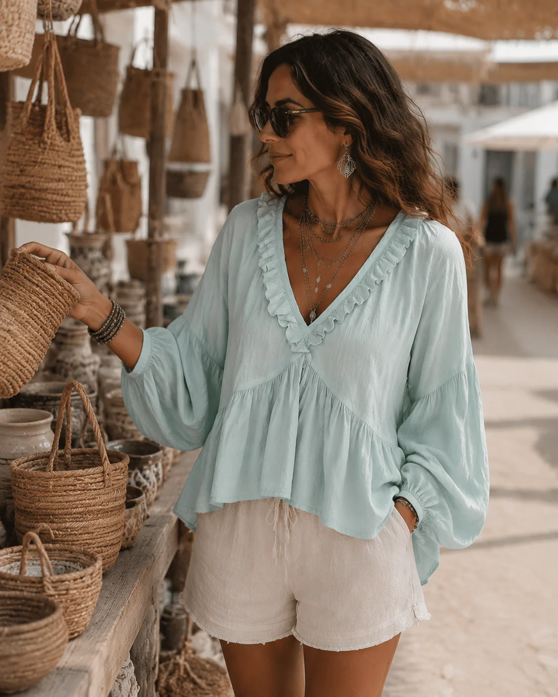 Soft Boho Ruffled V-Neck Relaxed Blouse - Image 3