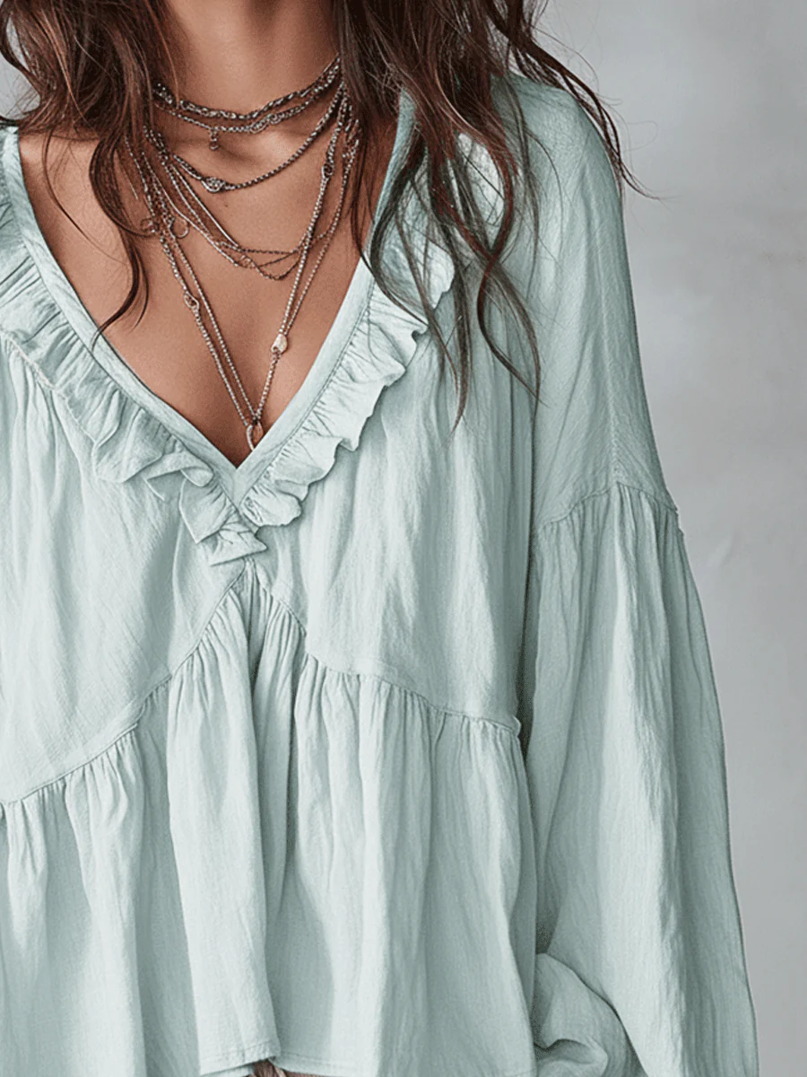 Soft Boho Ruffled V-Neck Relaxed Blouse - Image 4
