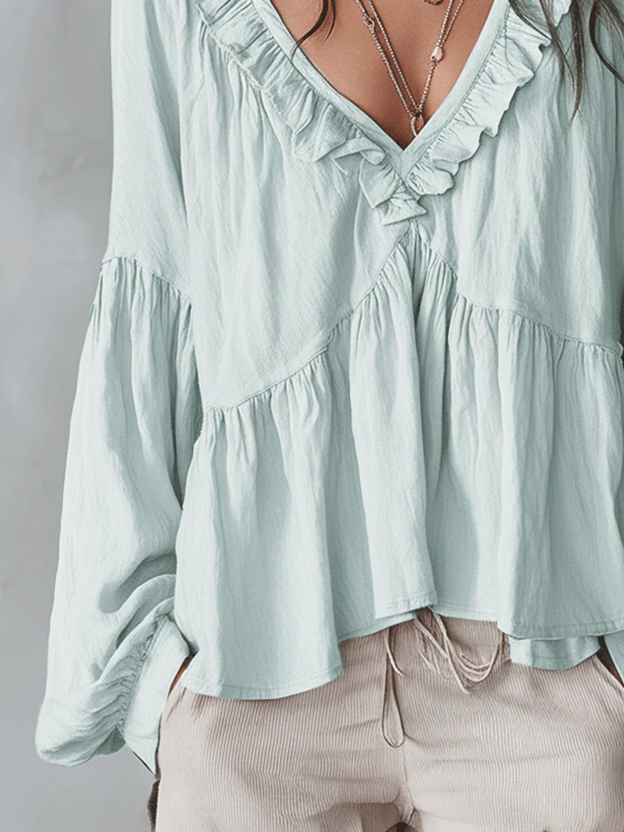 Soft Boho Ruffled V-Neck Relaxed Blouse - Image 6