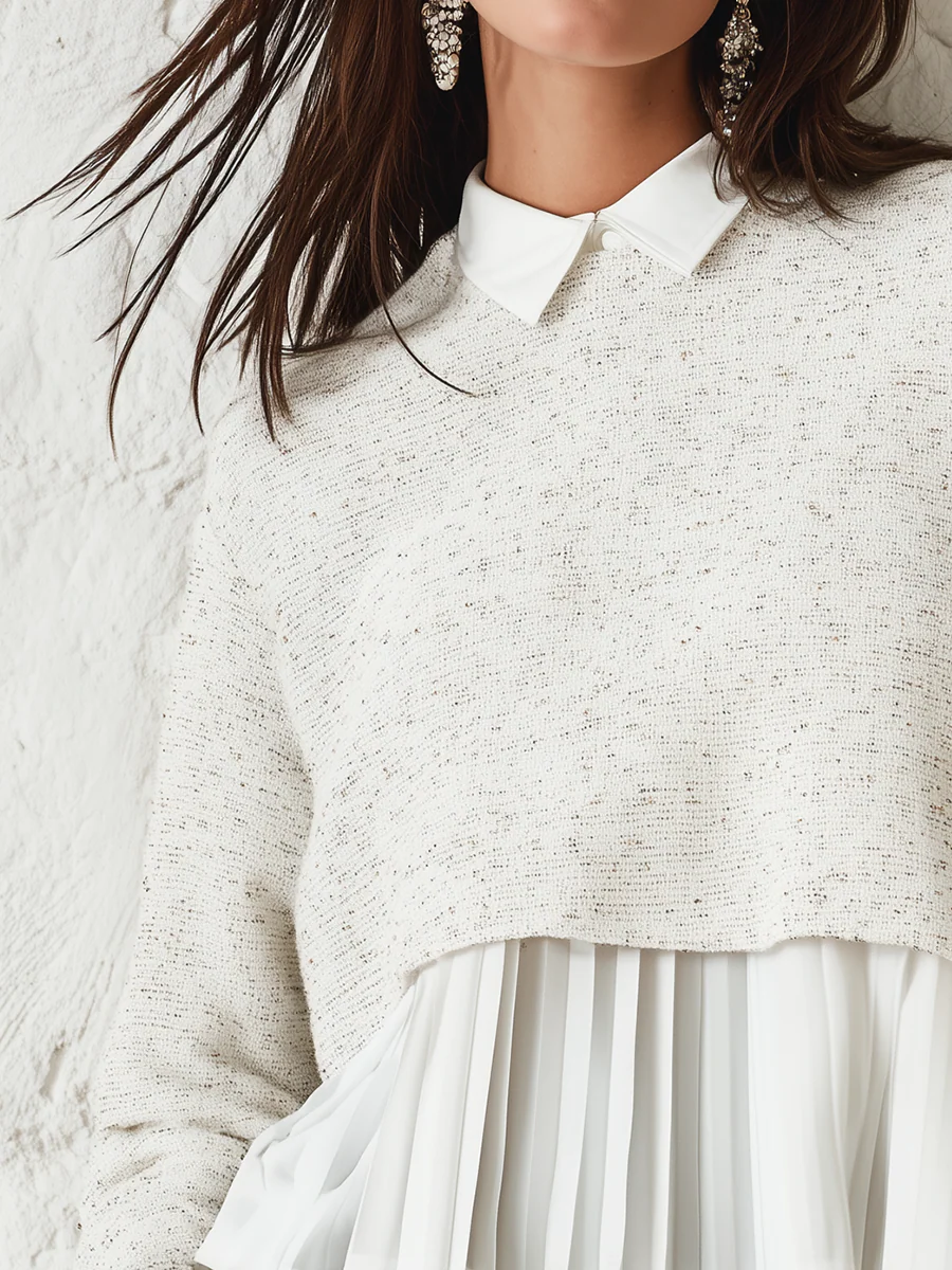Soft Oatmeal Layered Pleated Knit Top - Image 2