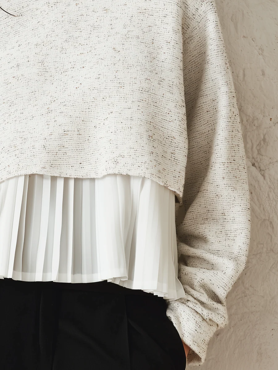 Soft Oatmeal Layered Pleated Knit Top - Image 3