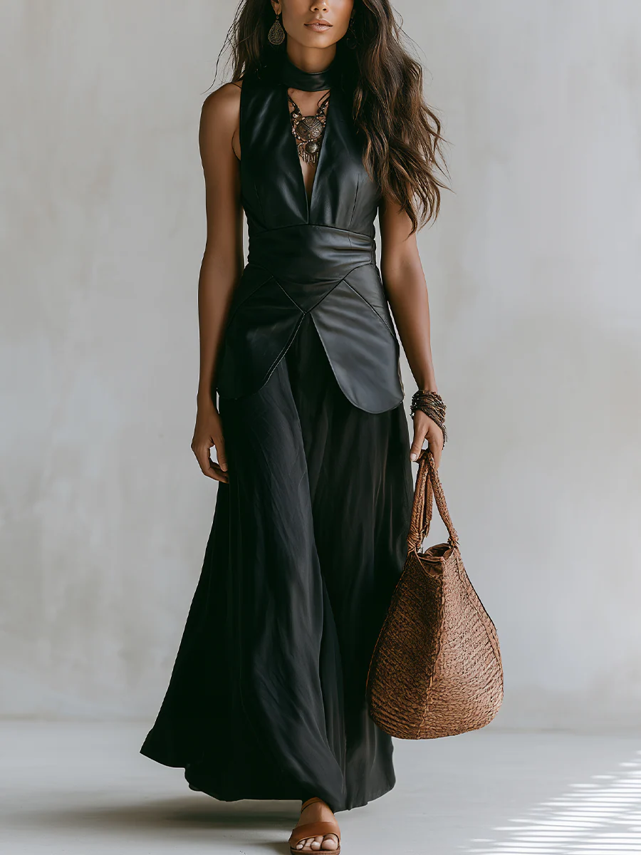 Sophisticated Black Faux Leather Skirt Set
