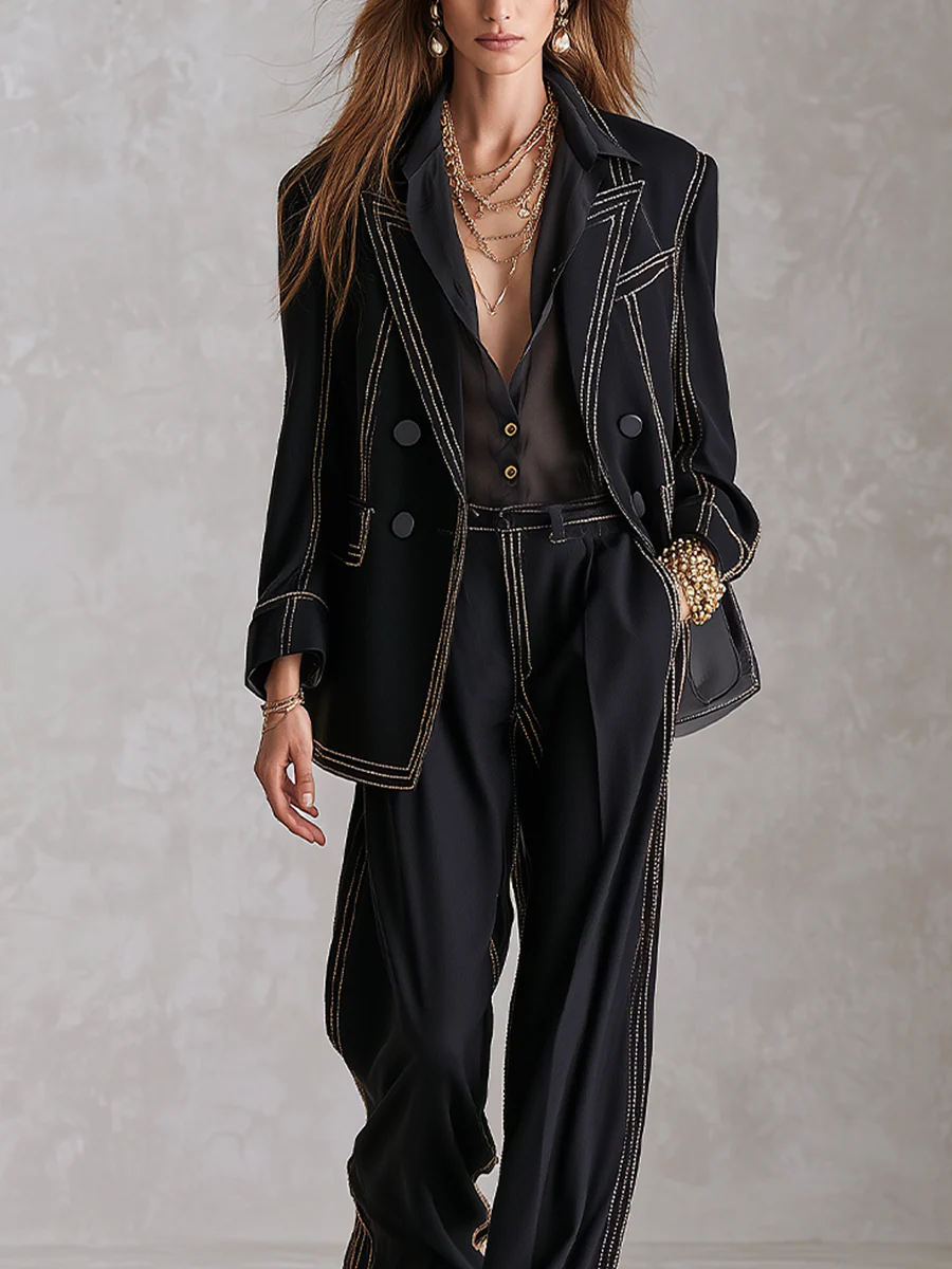 Sophisticated Black Gold Stitch Double Breasted Suit Set - Image 3
