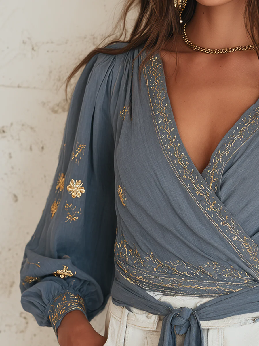 Sophisticated Slate Blue Embroidered Wrap Blouse - Image 2