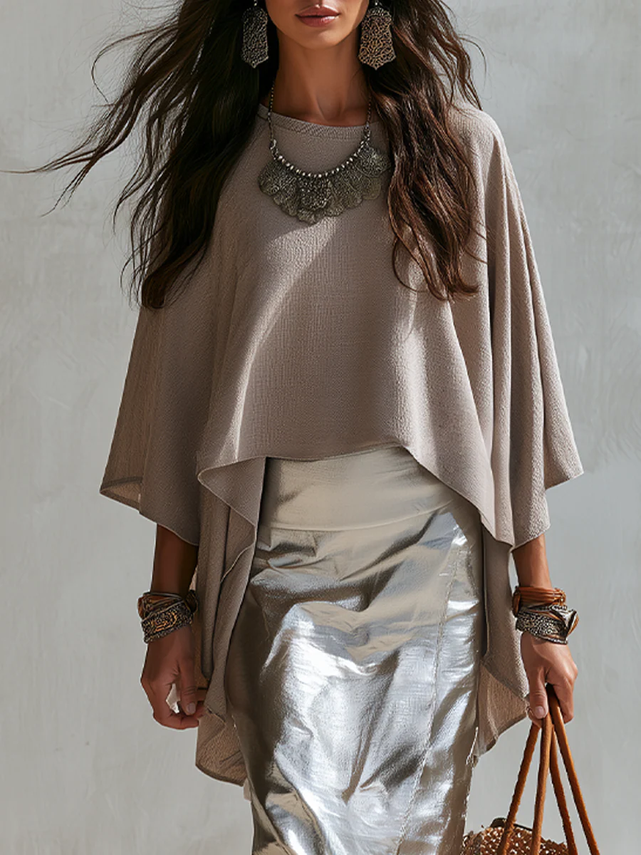 Sophisticated Taupe Draped Cape Top & Skirt Set - Image 2