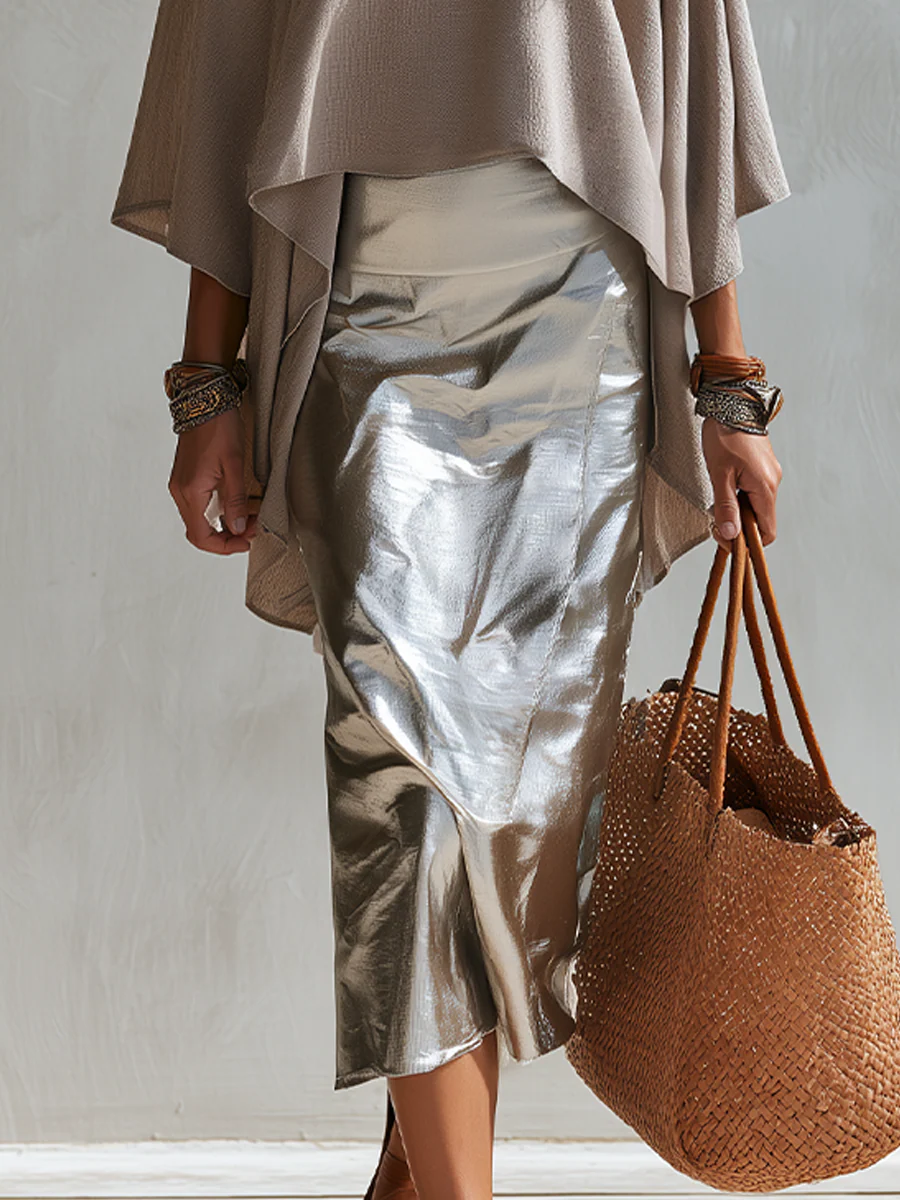 Sophisticated Taupe Draped Cape Top & Skirt Set - Image 3