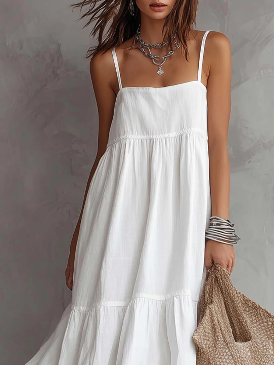 Square Neck Spaghetti Strap Cotton-linen Midi Dress - Image 2