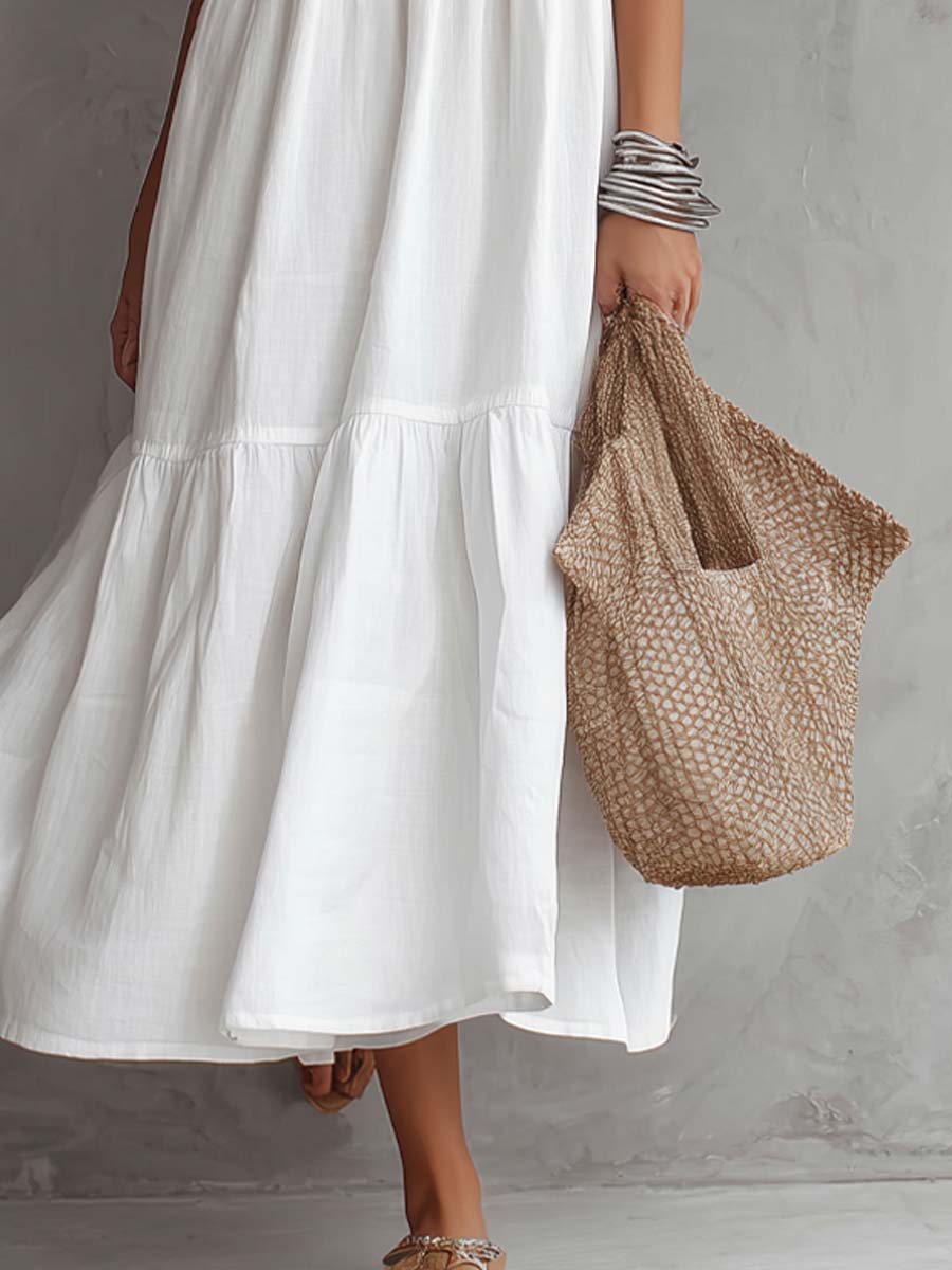 Square Neck Spaghetti Strap Cotton-linen Midi Dress - Image 3