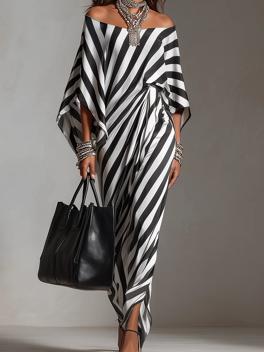 Statement Monochrome Stripe Asymmetric Maxi Dress - Image 2