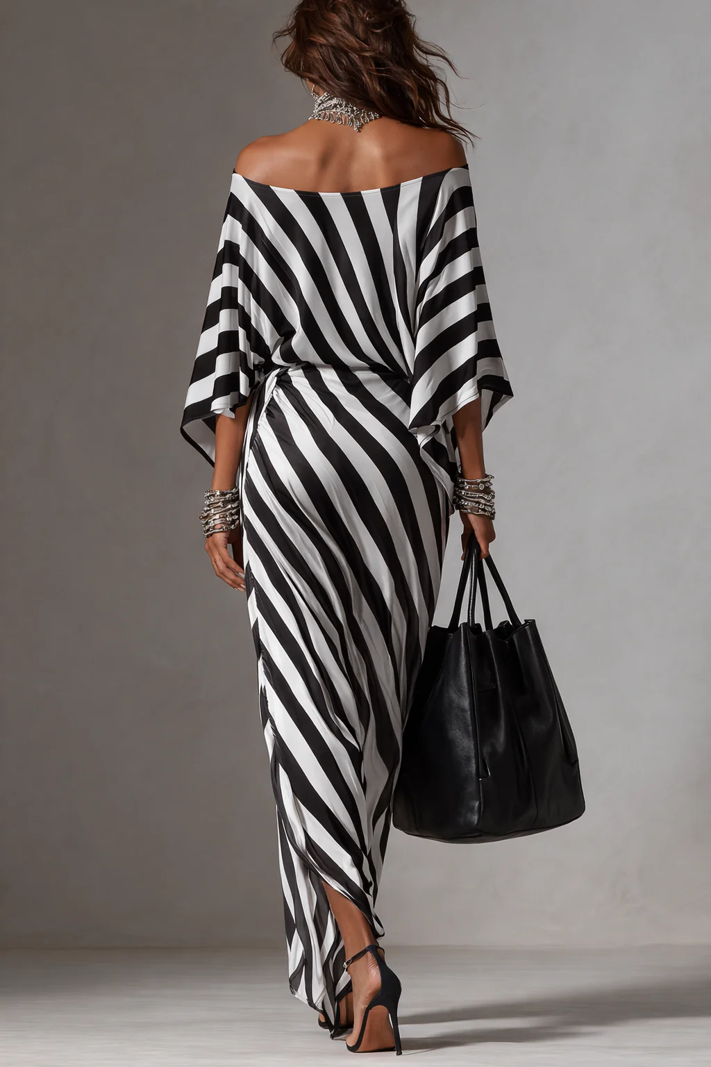 Statement Monochrome Stripe Asymmetric Maxi Dress - Image 3