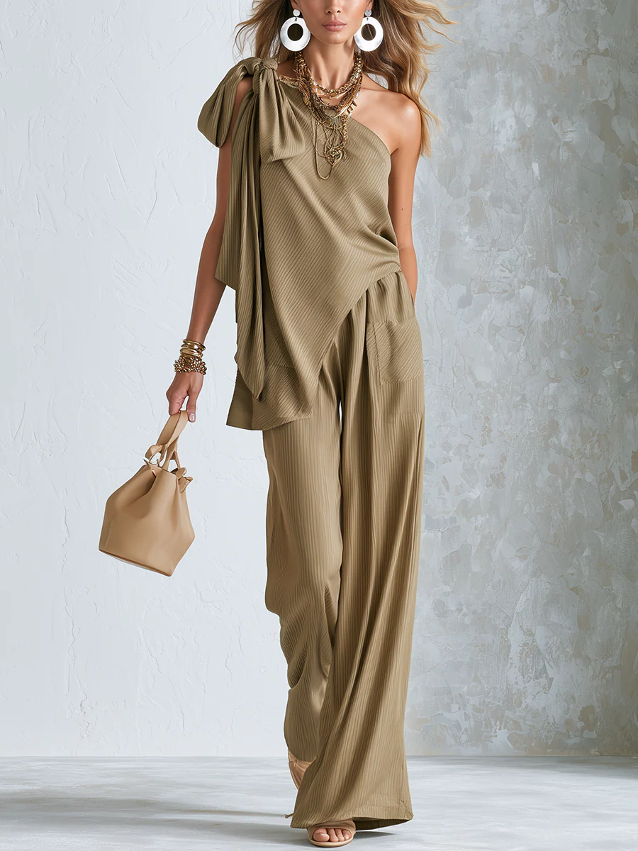 Stylish Khaki Textured One Shoulder Top And Pants Set