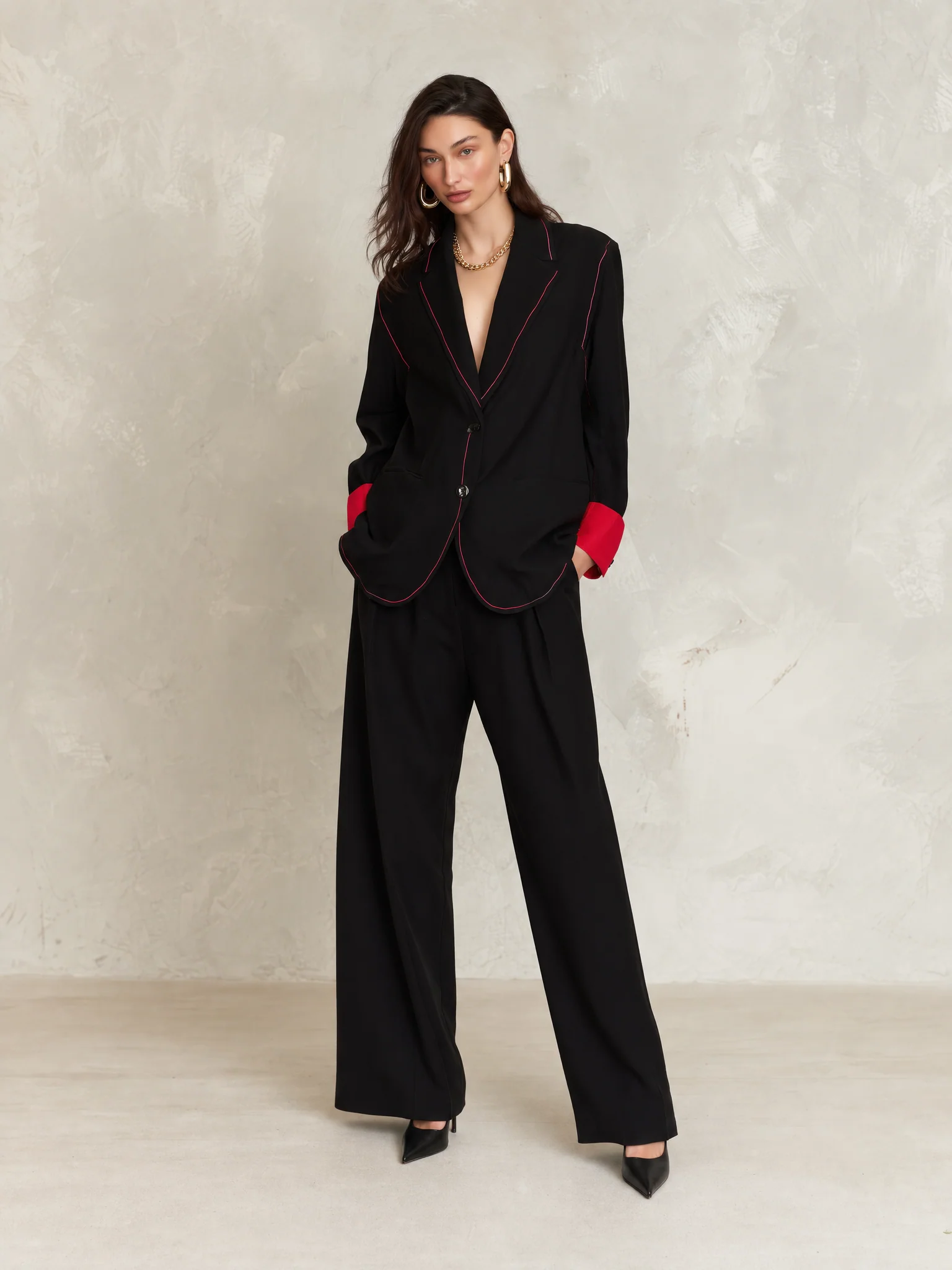 Tailored Black Contrast Trim Blazer - Image 2