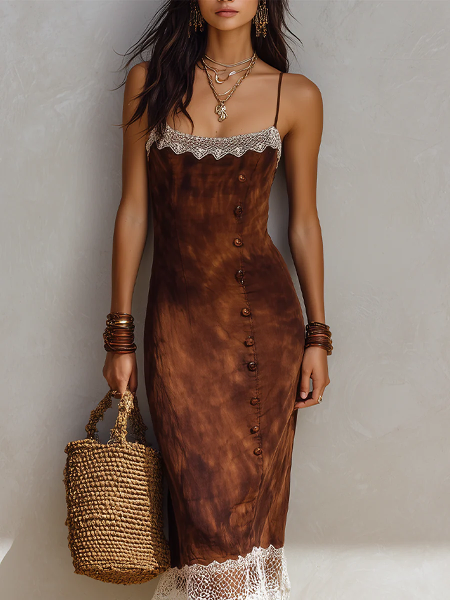 Tie-Dye Lace Trim And Button Embellishment Midi Dress - Image 2