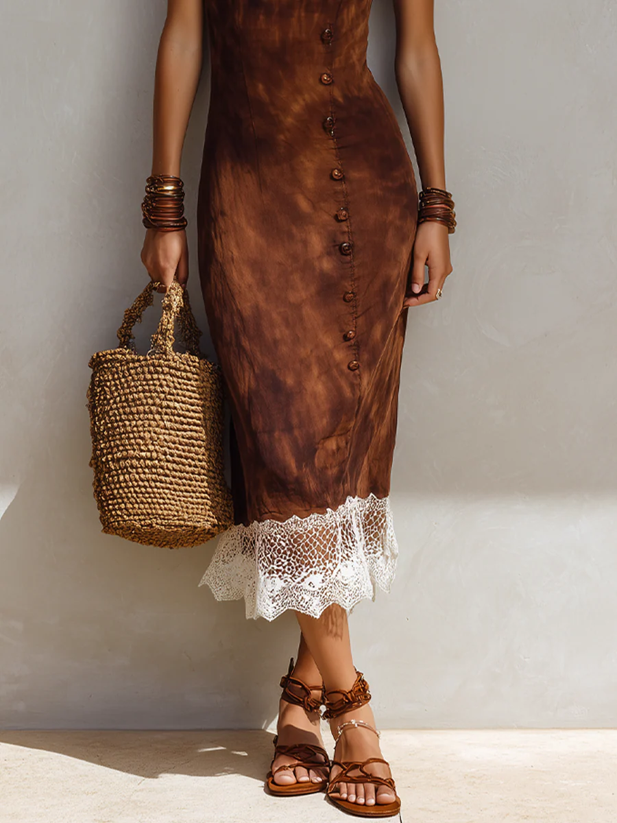 Tie-Dye Lace Trim And Button Embellishment Midi Dress - Image 3